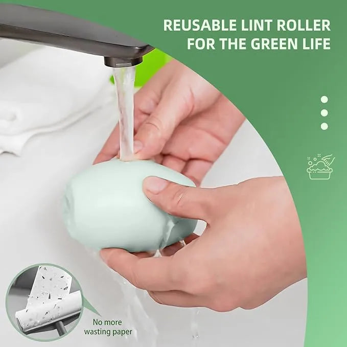 Reusable lint roller being washed under a faucet with text 'Reusable Lint Roller for the Green Life' on a green background.