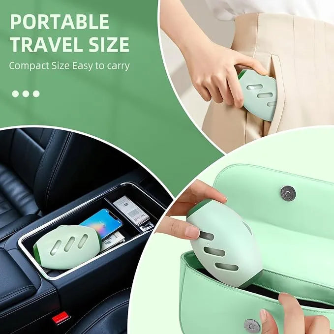 Portable travel size product being held and placed in a car cup holder with text highlighting its compact size.