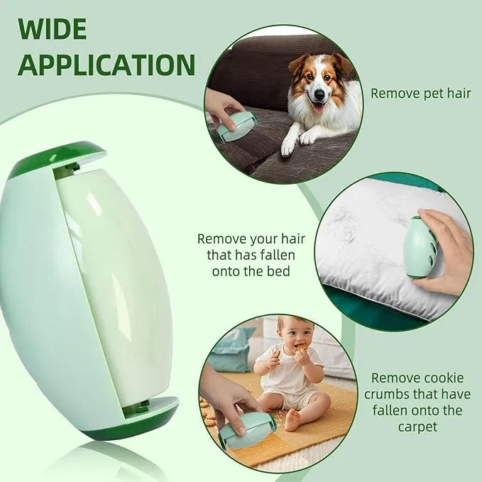 Product for removing pet hair, hair from bed, and cookie crumbs with images of a dog, baby, and carpet.